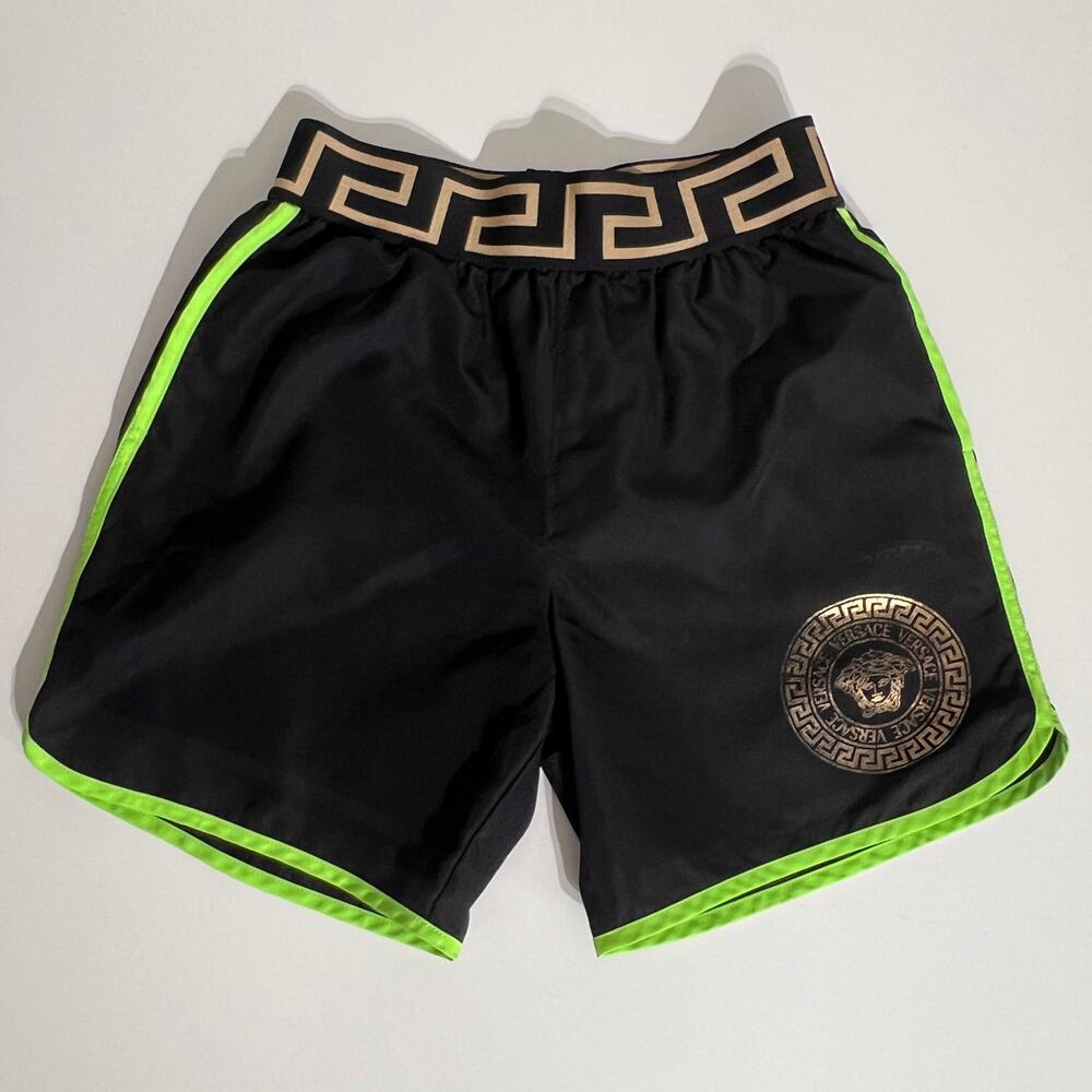 Versace Boys Medusa Swim Shorts Black Gold Greca Waist Neon Trim 5A